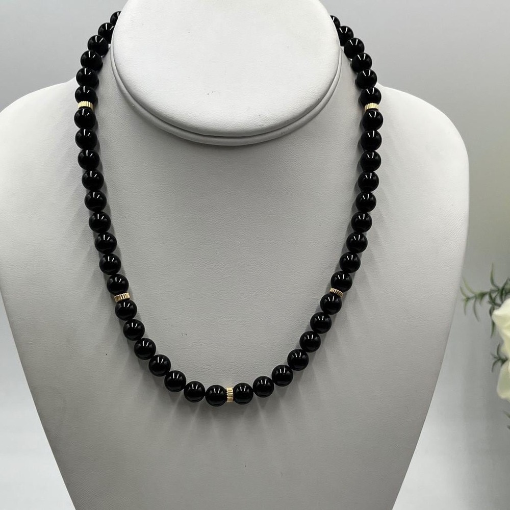 Black Onyx Beaded 14k Solid Gold Spacers Necklace 10k Clasp Single Strand